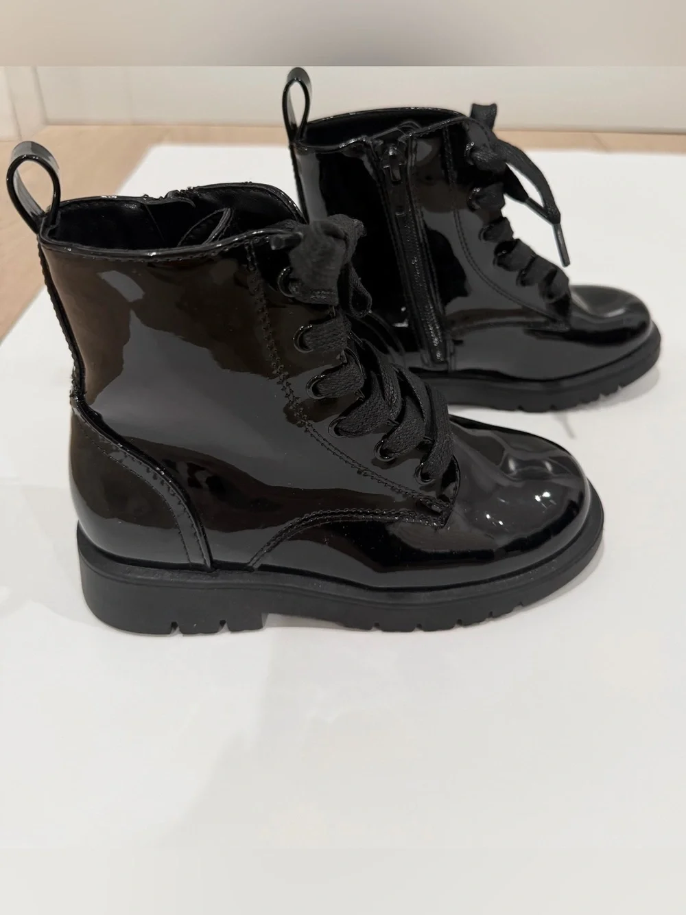 Black Patent Lace-Up Combat Ankle Boots